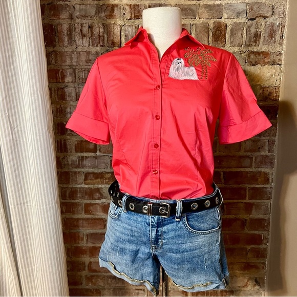 Vintage Coral Shirt with Dog and Palm Tree Embroidery -Size S -TP43 - Picture 4 of 9